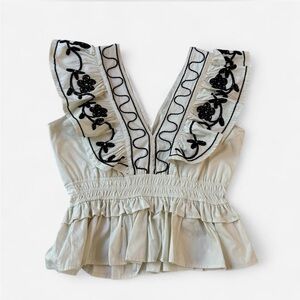 Embroidered Ruffle V-Neck Top - Black & Cream